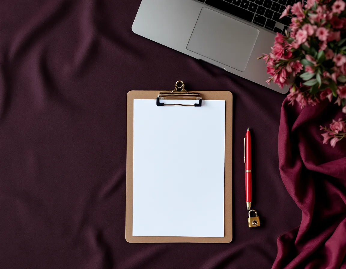 Clipboard checklist, brass padlock and laptop on a clinic desk